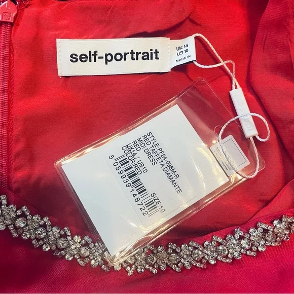 Self-Portrait Red Taffeta Diamante Midi Dress - Size UK 14/ US 10 - Picture 11 of 14